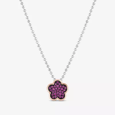 Womens Lab Created Pink Sapphire 10K Rose Gold Sterling Silver Flower 16 Inch Pendant Necklace