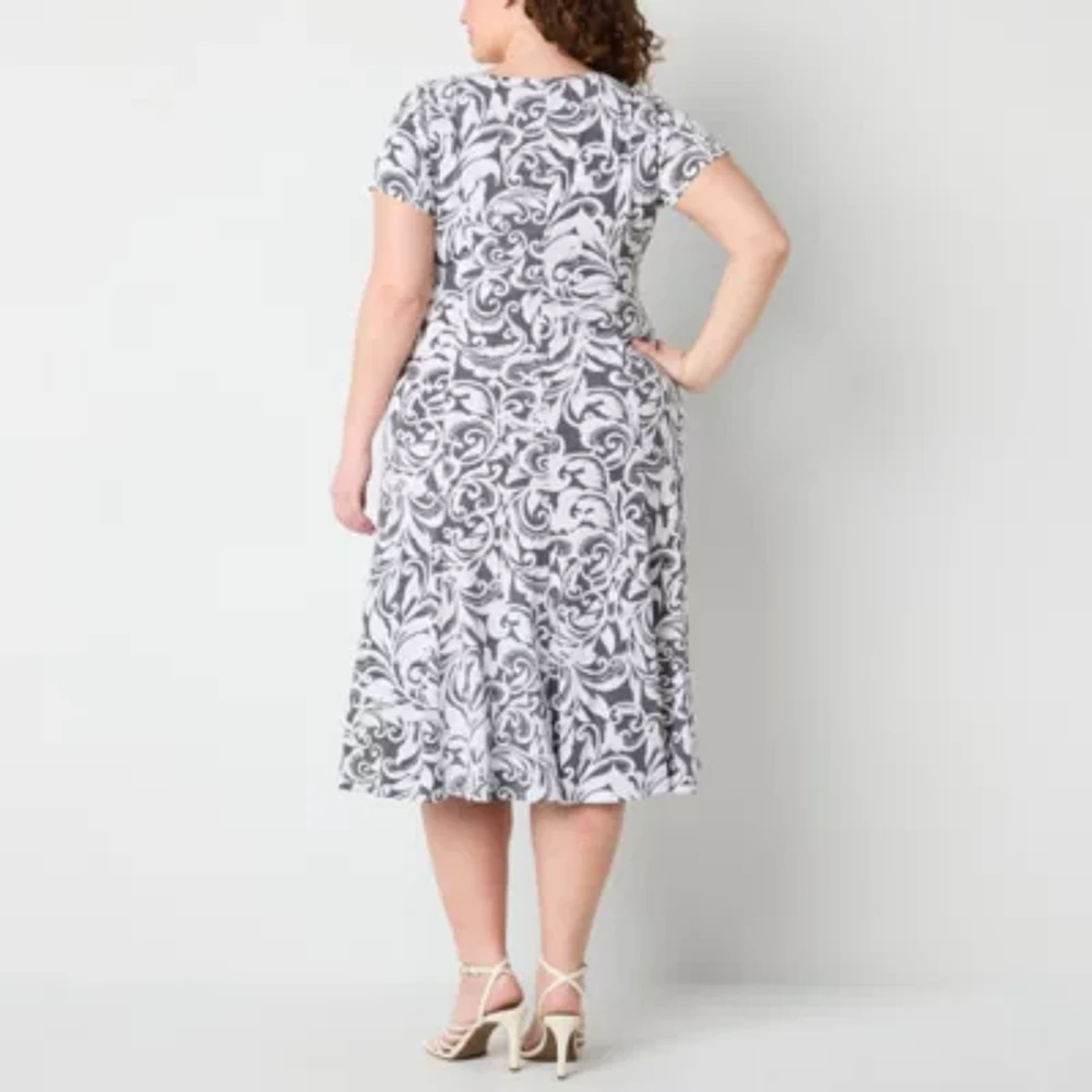 Perceptions Womens Short Sleeve Scroll Midi Plus Fit + Flare Dress