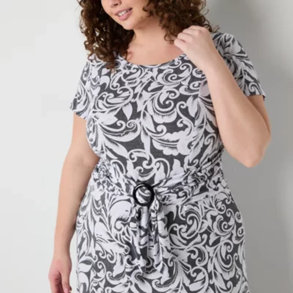 Perceptions Womens Short Sleeve Scroll Midi Plus Fit + Flare Dress