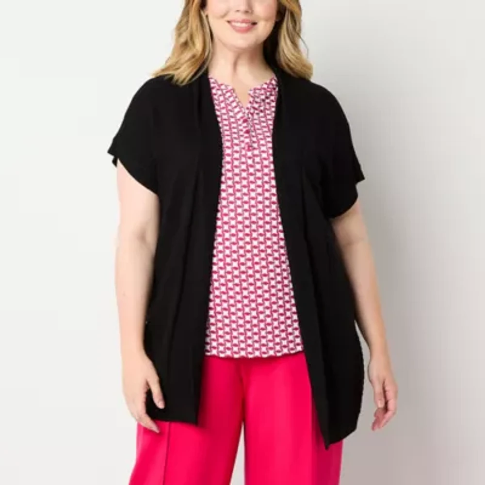 Liz Claiborne Womens Short Sleeve Open Front Plus Cardigan