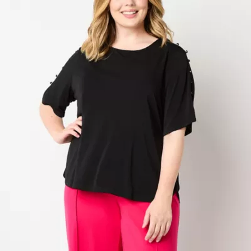 Liz Claiborne Sustainable Womens Round Neck Elbow Sleeve Plus Blouse