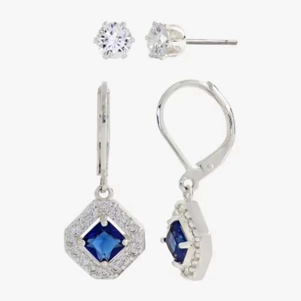 Sparkle Allure Womens Blue Crystal Square 2 Pair Earring Set