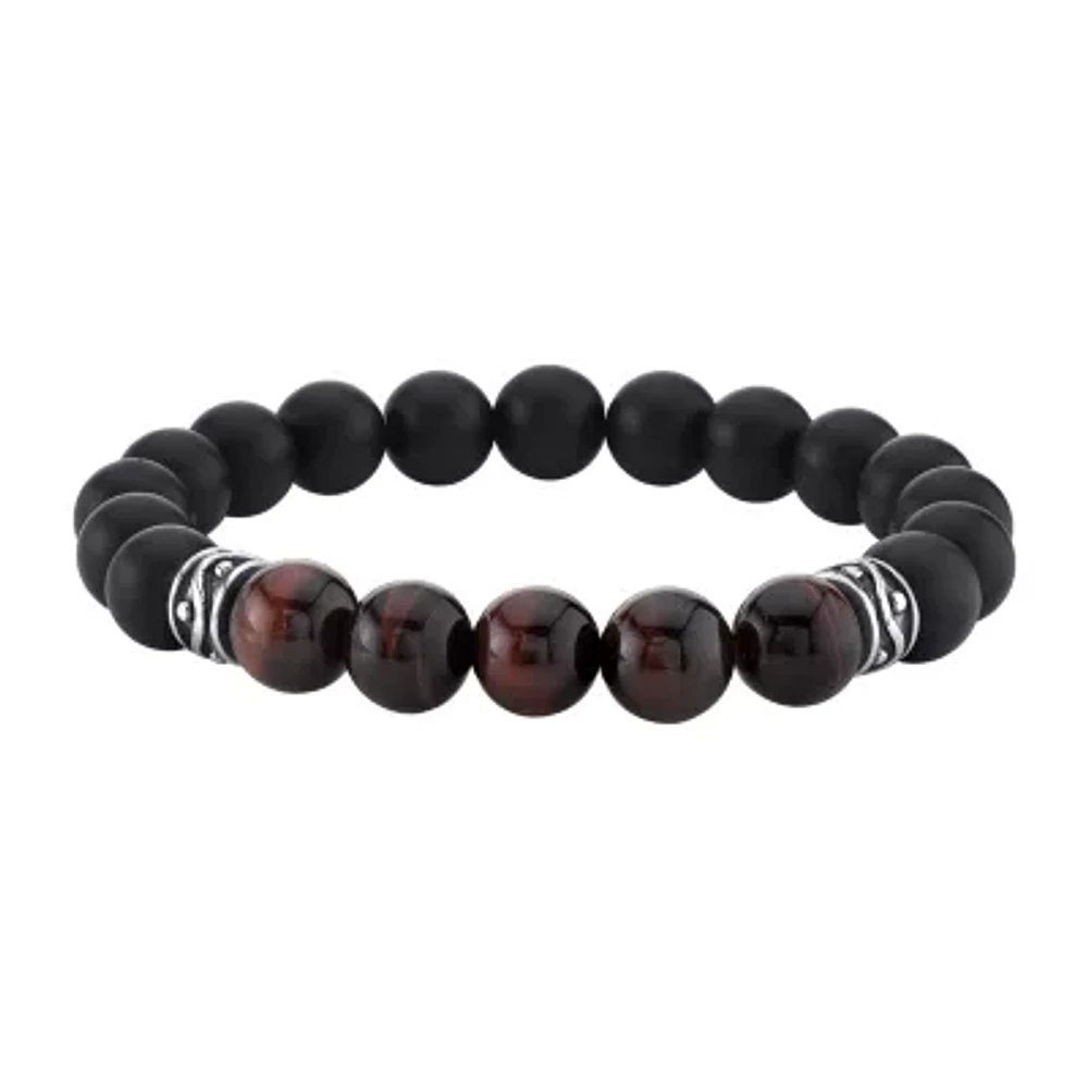 Mens Black Agate Sterling Silver Beaded Bracelet