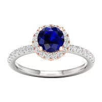 Modern Bride Gemstone Womens 1/3 CT. T.W. Genuine Blue Sapphire 10K Rose Gold Round Side Stone Halo Engagement Ring