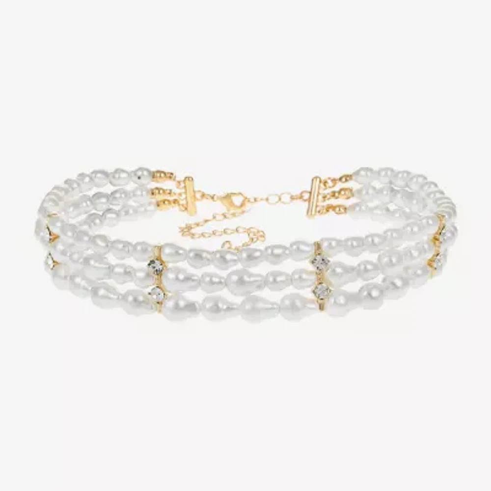 Bijoux Bar Gold Tone Womens Glass Simulated Pearl Choker Necklace