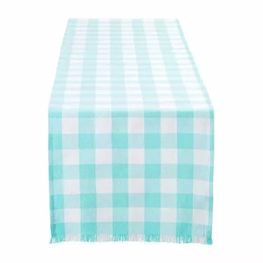 Design Imports Aqua Heavyweight Check Fringed Table Runner