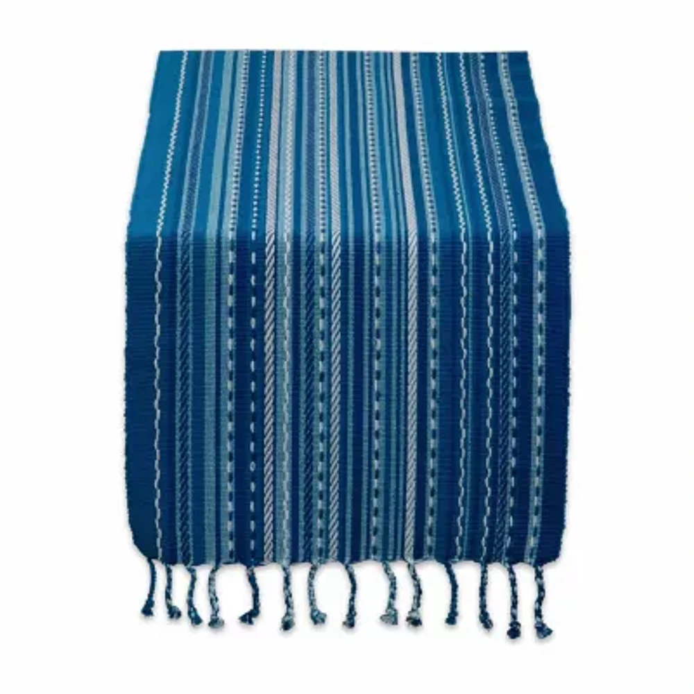 Design Imports Blue Tonal Stripe With Fringe Table Runner