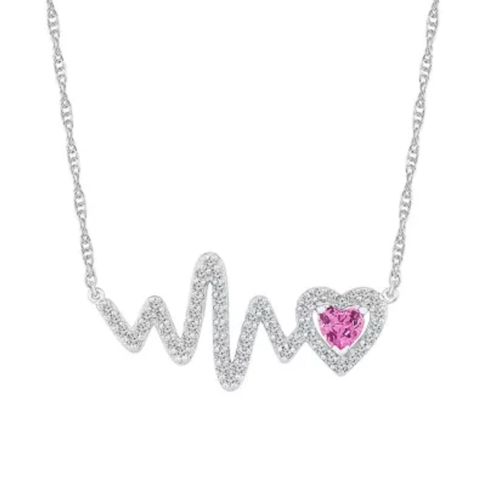 Heartbeat Womens Lab Created Pink Sapphire Sterling Silver Heart 17 Inch Pendant Necklace