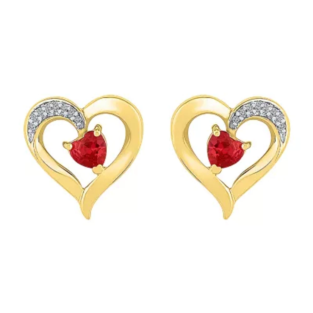 Diamond Accent Lab Created Red Ruby 10K Gold 13.5mm Heart Stud Earrings