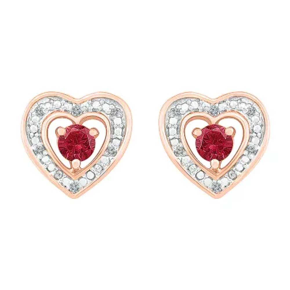 Diamond Accent Lab Created Red Ruby 10K Rose Gold 9mm Heart Stud Earrings