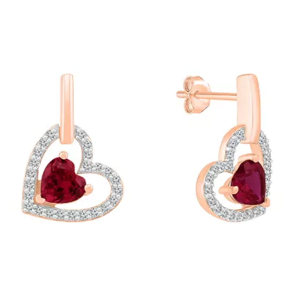 Womens Lab Created Red Ruby 10K Rose Gold Heart Drop Earrings
