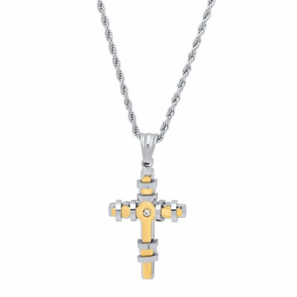 Steeltime Mens 2 1/4 CT. T.W. White Cubic Zirconia 18K Gold Over Stainless Steel Cross 18 Inch Pendant Necklace
