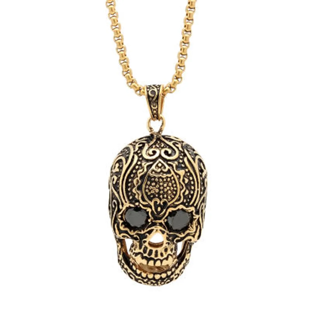 Steeltime Mens 3 1/2 CT. T.W Simulated Black Cubic Zirconia 18K Gold Over Stainless Steel Skull Hypoallergenic 30 Inch Pendant Necklace