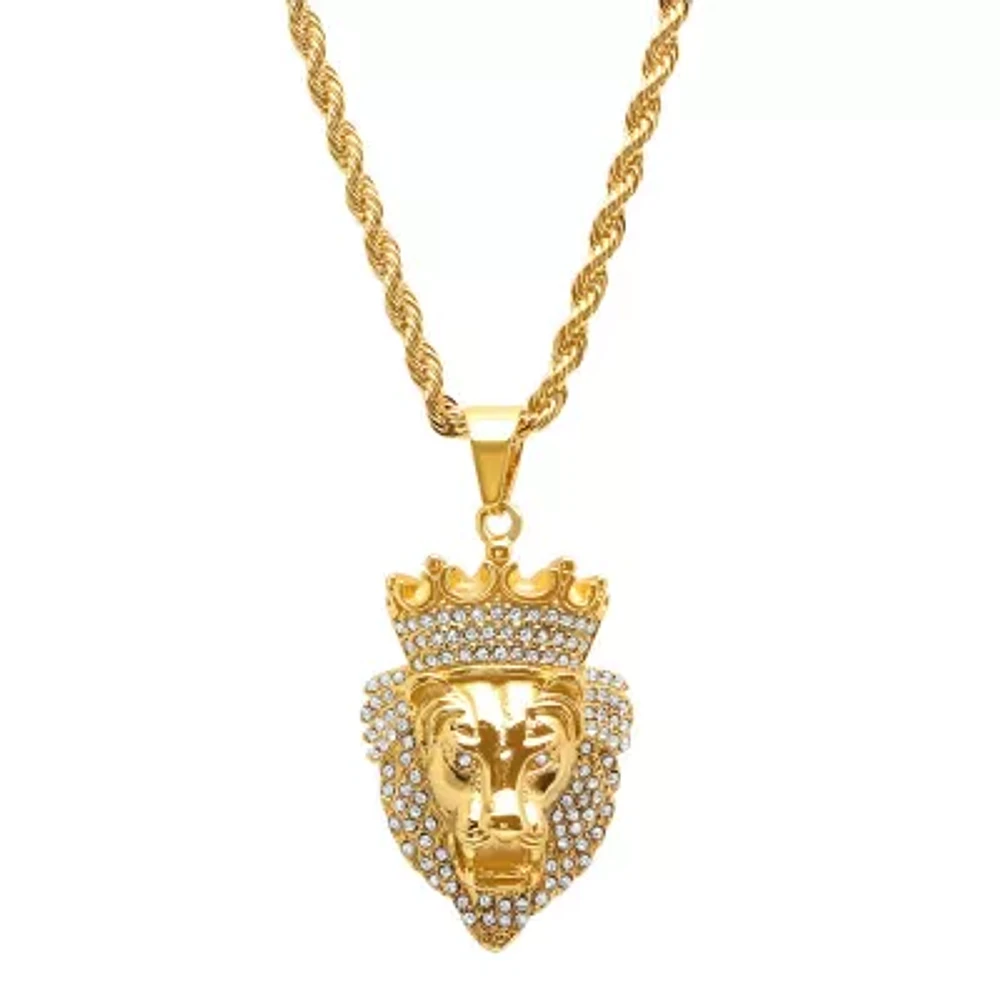 Steeltime Mens 1/2 CT. T.W. Simulated White Cubic Zirconia 18K Gold Over Stainless Steel Crown Hypoallergenic 30 Inch Pendant Necklace