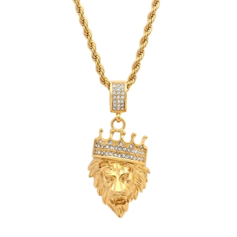 Steeltime Lion Head Mens 1/2 CT. T.W. White Cubic Zirconia 18K Gold Over Stainless Steel Crown Hypoallergenic 30 Inch Pendant Necklace