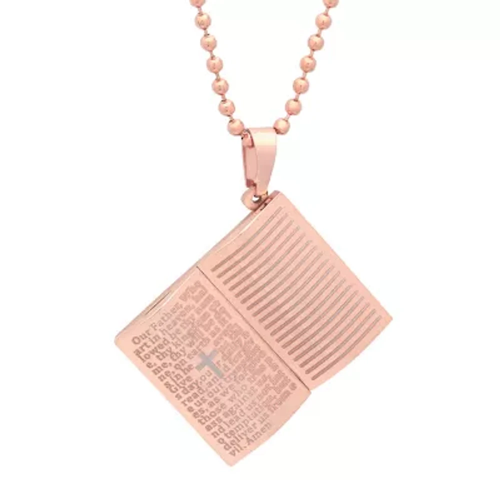 Steeltime Open Bible Lord'S Prayer Mens 18K Rose Gold Over Stainless Steel 18 Inch Pendant Necklace
