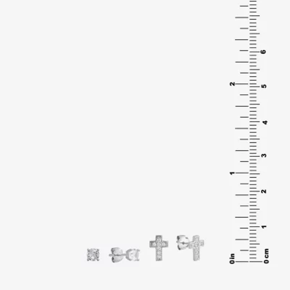 Silver Treasures Stud Womens Cubic Zirconia Sterling Silver Cross 2 Pair Earring Set