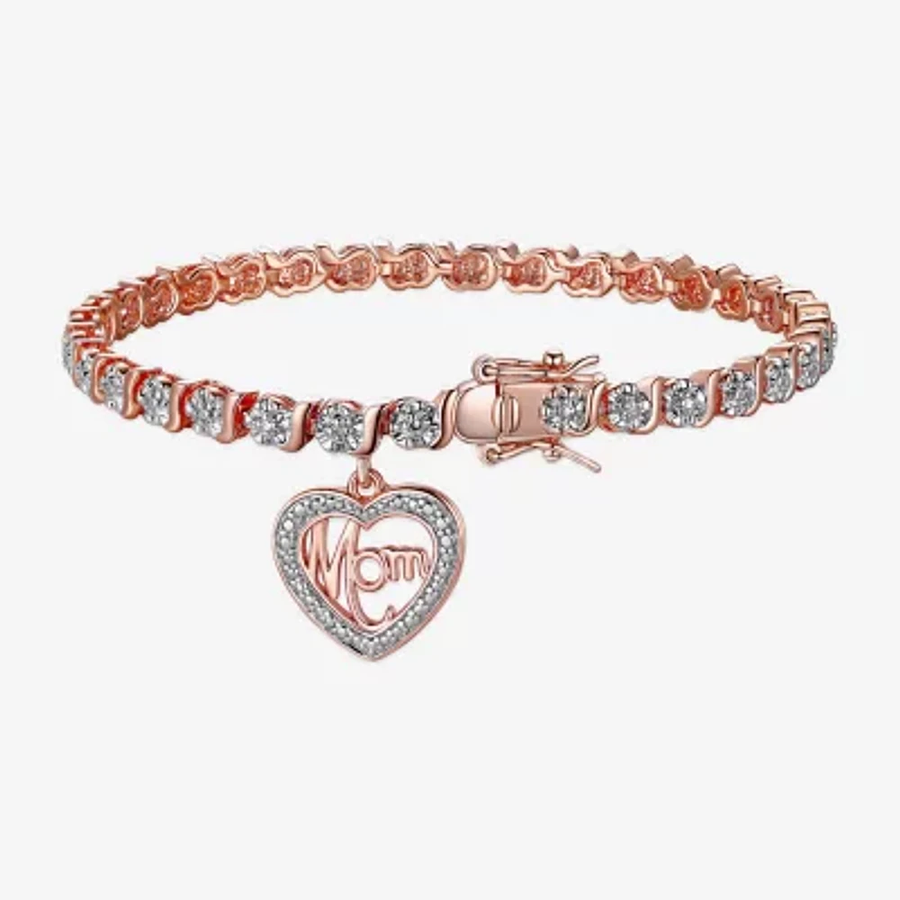 Sparkle Allure Mom Womens Natural Diamond Accent Pure Silver Over Bronze Heart 7.25 Inch Tennis Bracelet