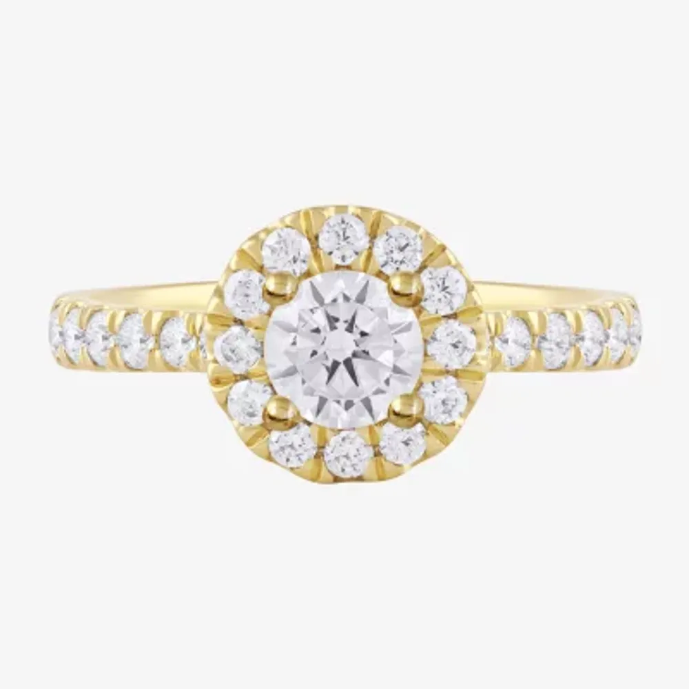 Certified (F / Si1) Womens / CT. T.W. Lab Grown White Diamond 10K Gold Round Side Stone Halo Engagement Ring