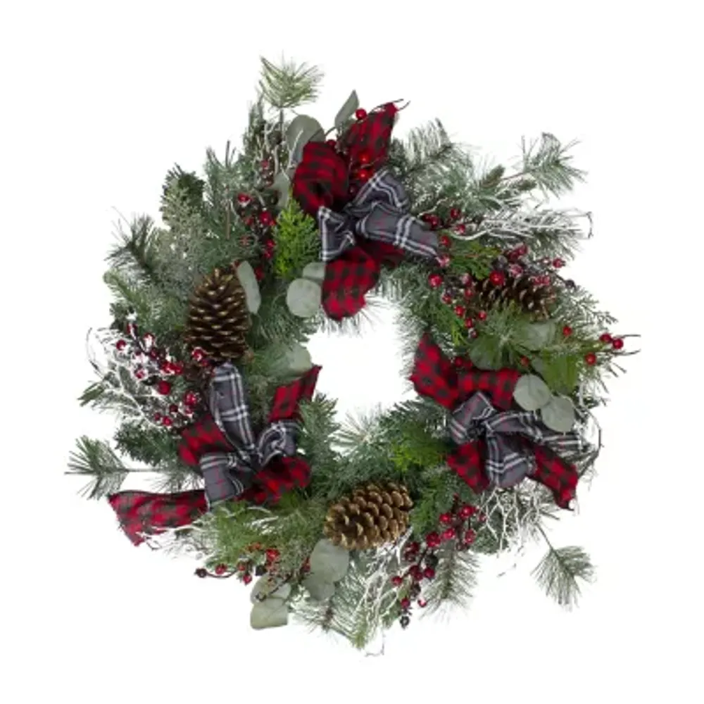 Dual Plaid and Berries Artificial Christmas Wreath - 24-Inch Unlit