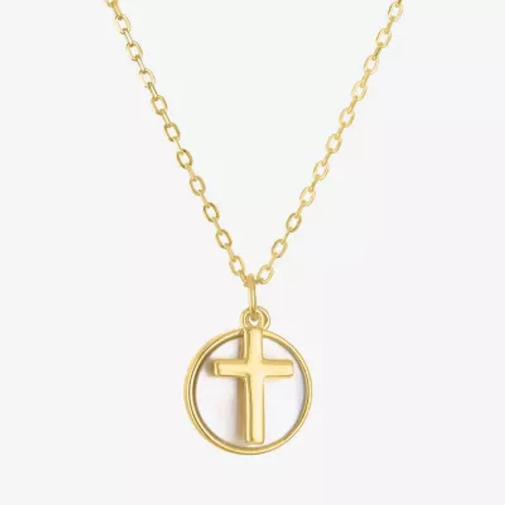Womens White Mother Of Pearl Sterling Silver Cross Round 15 Inch Pendant Necklace