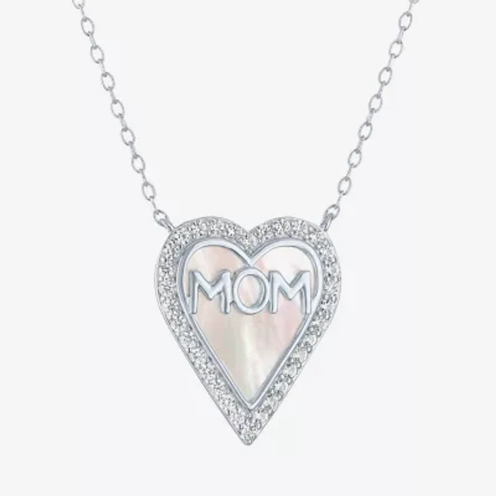 "Mom" Womens White Mother Of Pearl Sterling Silver Heart 16 Inch Pendant Necklace