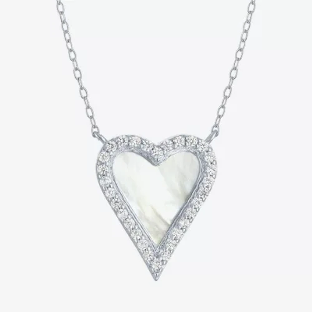 Womens White Mother Of Pearl Sterling Silver Heart Inch Pendant Necklace