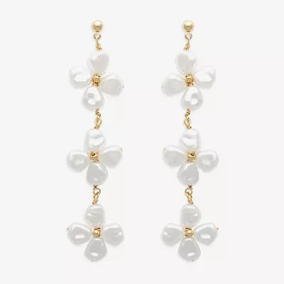 Bijoux Bar Gold Tone Womens Simulated Pearl Flower Drop Earrings