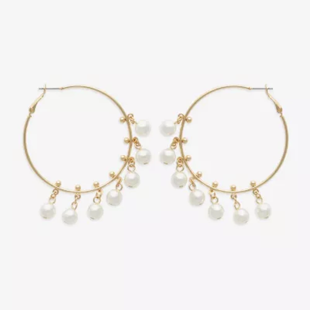 Bijoux Bar Gold Tone Womens Simulated Pearl 53.1mm Hoop Earrings