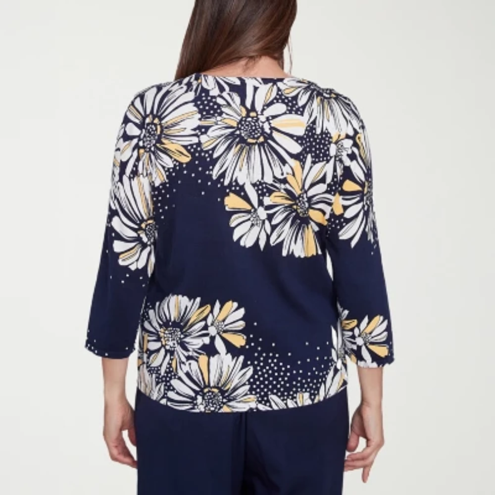Alfred Dunner Block Island Womens Crew Neck 3/4 Sleeve Floral Pullover Sweater
