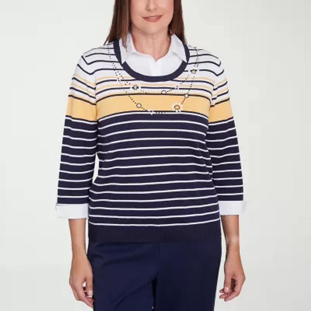 Alfred Dunner Block Island Womens 3/4 Sleeve Striped Layered Sweater