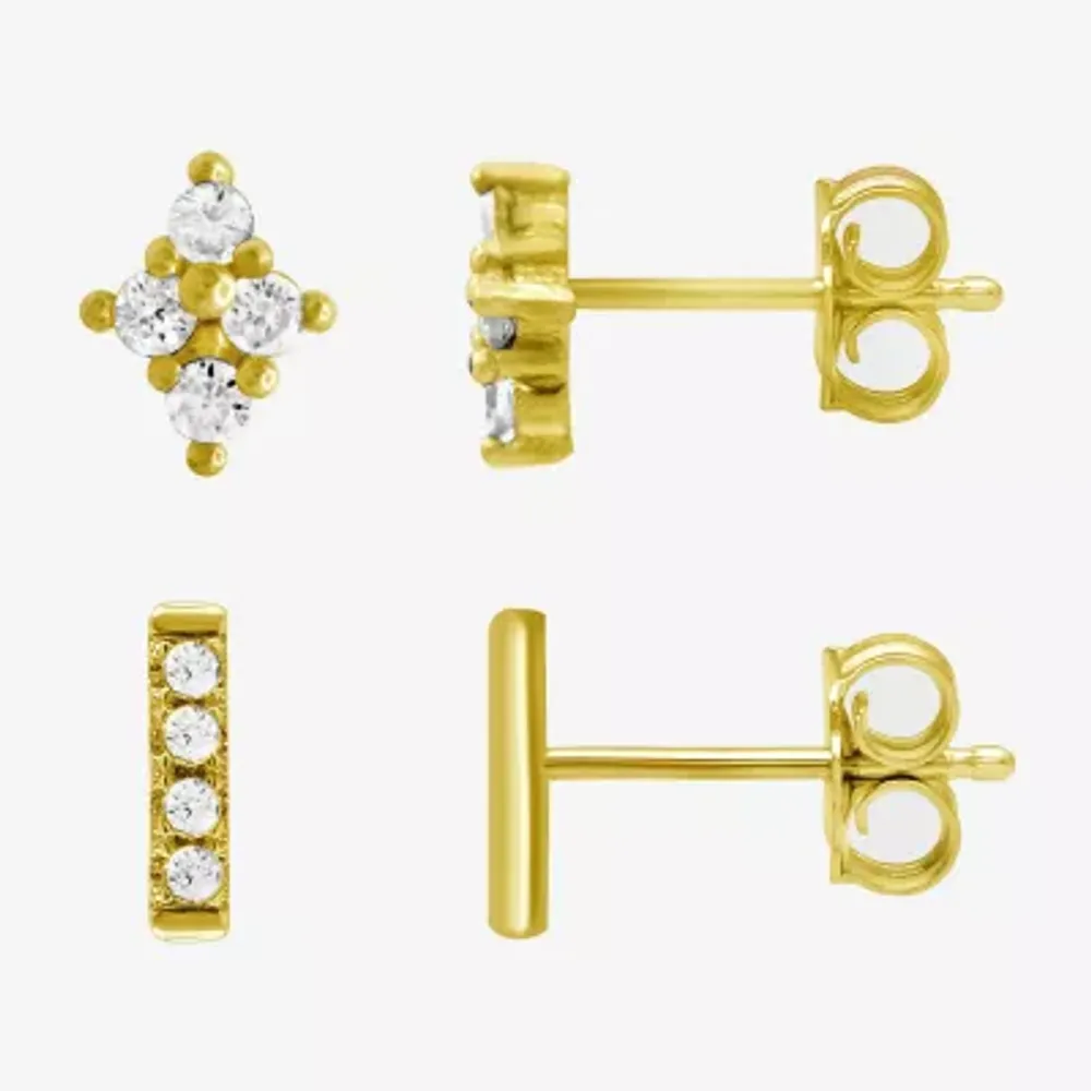 Itsy Bitsy 14k Gold Over Silver Womens Cubic Zirconia 14K Gold Over Silver Diamond Hypoallergenic 2 Pair Earring Set
