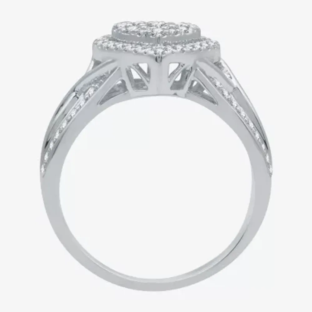 I Said Yes (H-I / I1) Womens 1/2 CT. T.W. Lab Grown White Diamond Sterling Silver Heart Side Stone Halo Engagement Ring