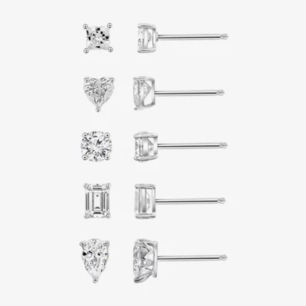 Diamonart Womens Cubic Zirconia Sterling Silver Heart Pear Round 5 Pair Earring Set