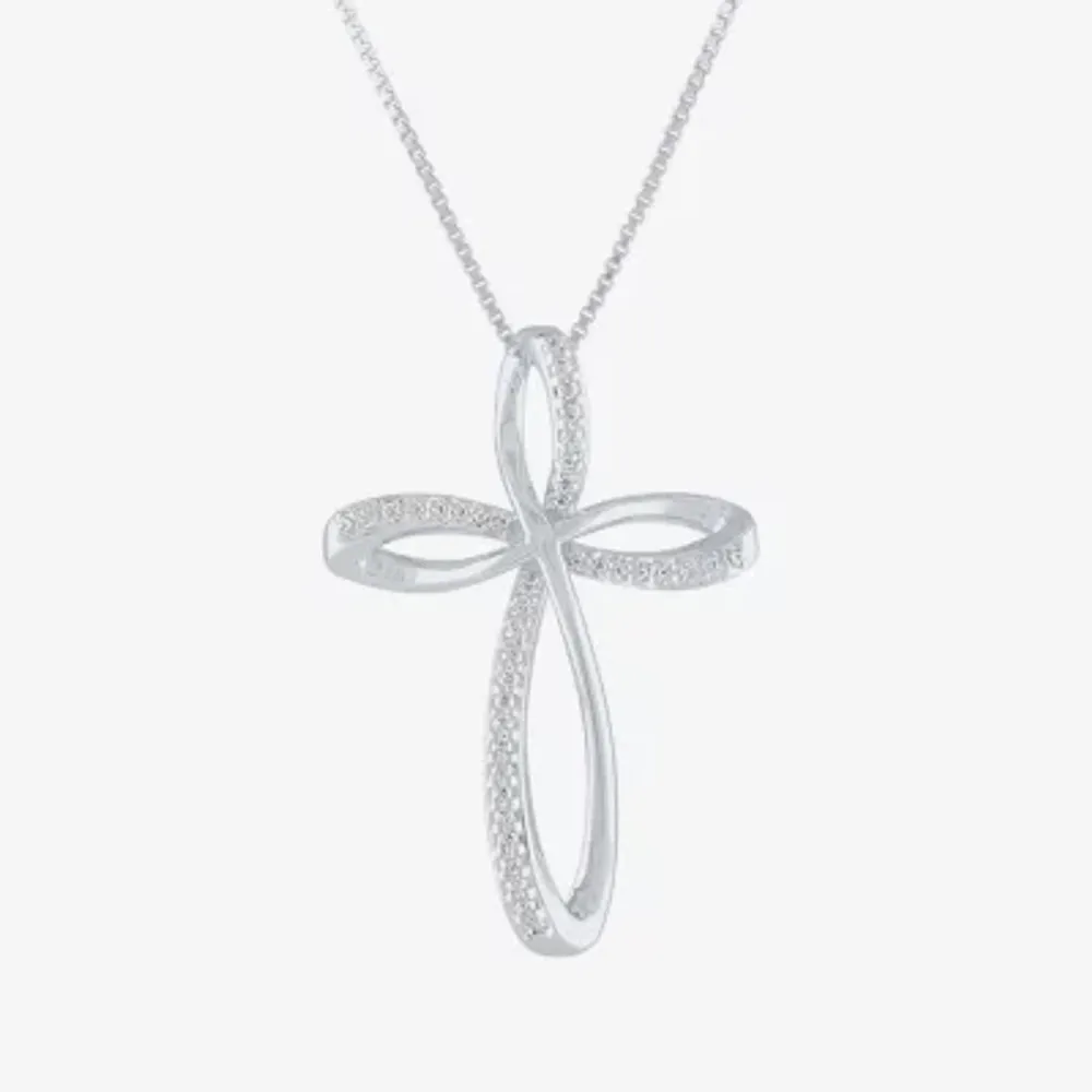Womens 1/10 CT. T.W. Natural White Diamond Sterling Silver Cross 18 Inch Pendant Necklace