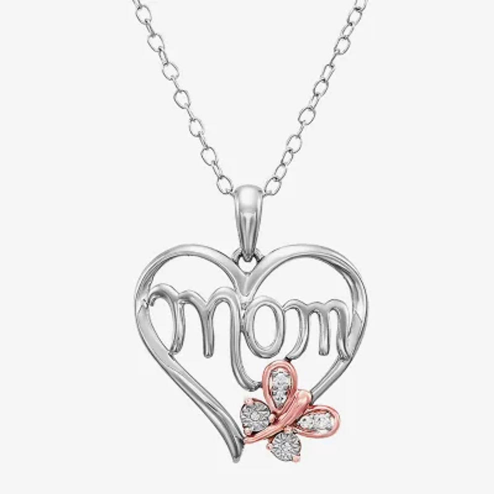 "Mom" Womens Diamond Accent Natural White Diamond 14K Rose Gold Over Silver Sterling Silver Heart 18 Inch Pendant Necklace