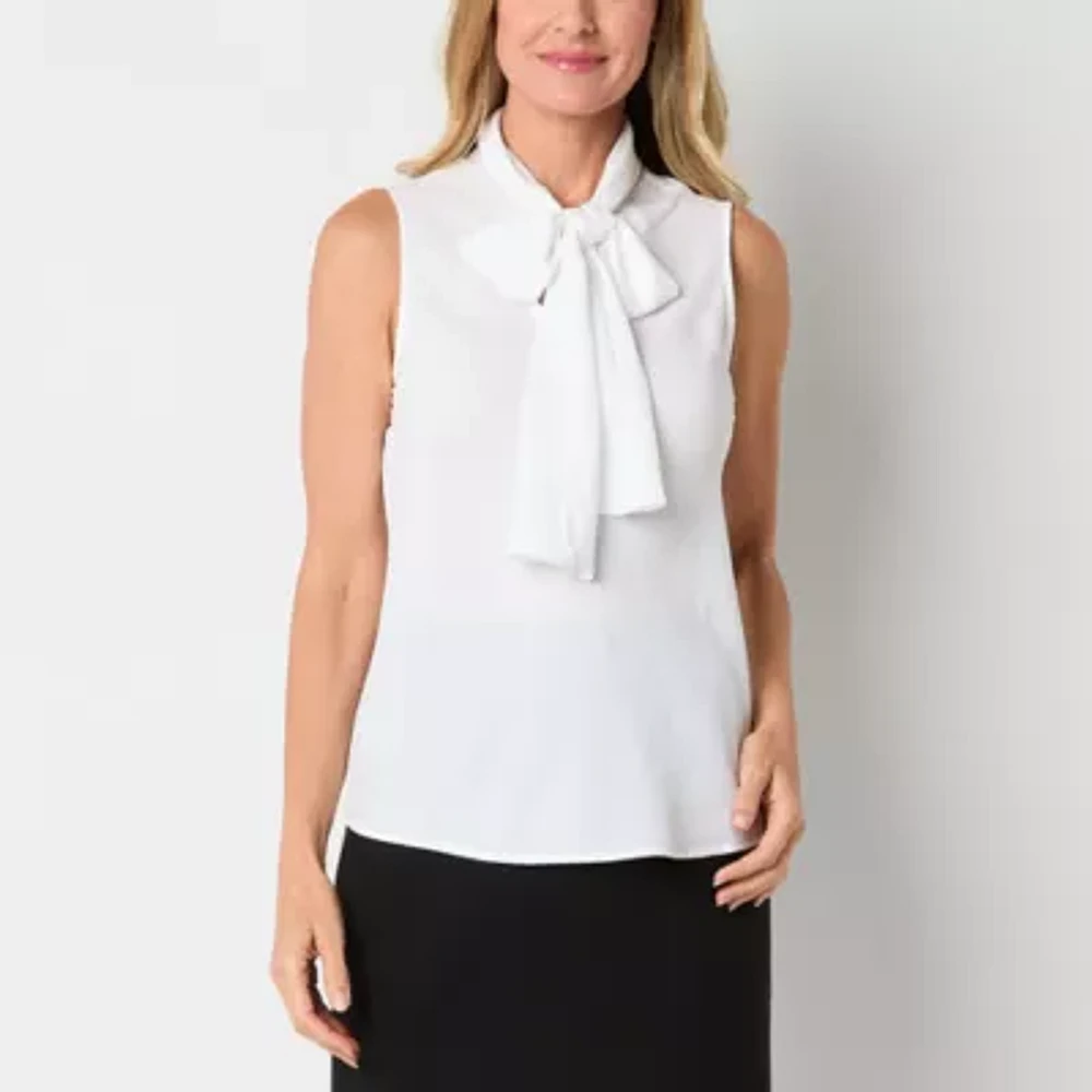 Black Label by Evan-Picone Womens Split Tie Neck Sleeveless Petite Blouse