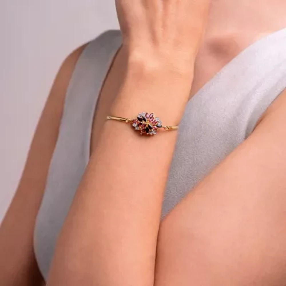 Womens Genuine Red Garnet 18K Gold Over Silver Flower Bangle Bracelet