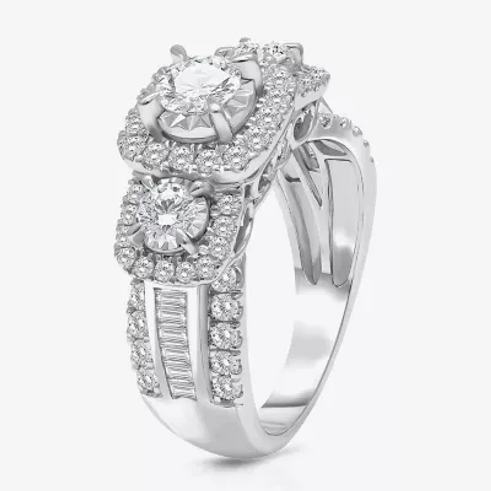 (I / I1) Love Lives Forever Womens 2 CT. T.W. Lab Grown White Diamond 10K or 14K Gold Cushion Side Stone 3-Stone Engagement Ring