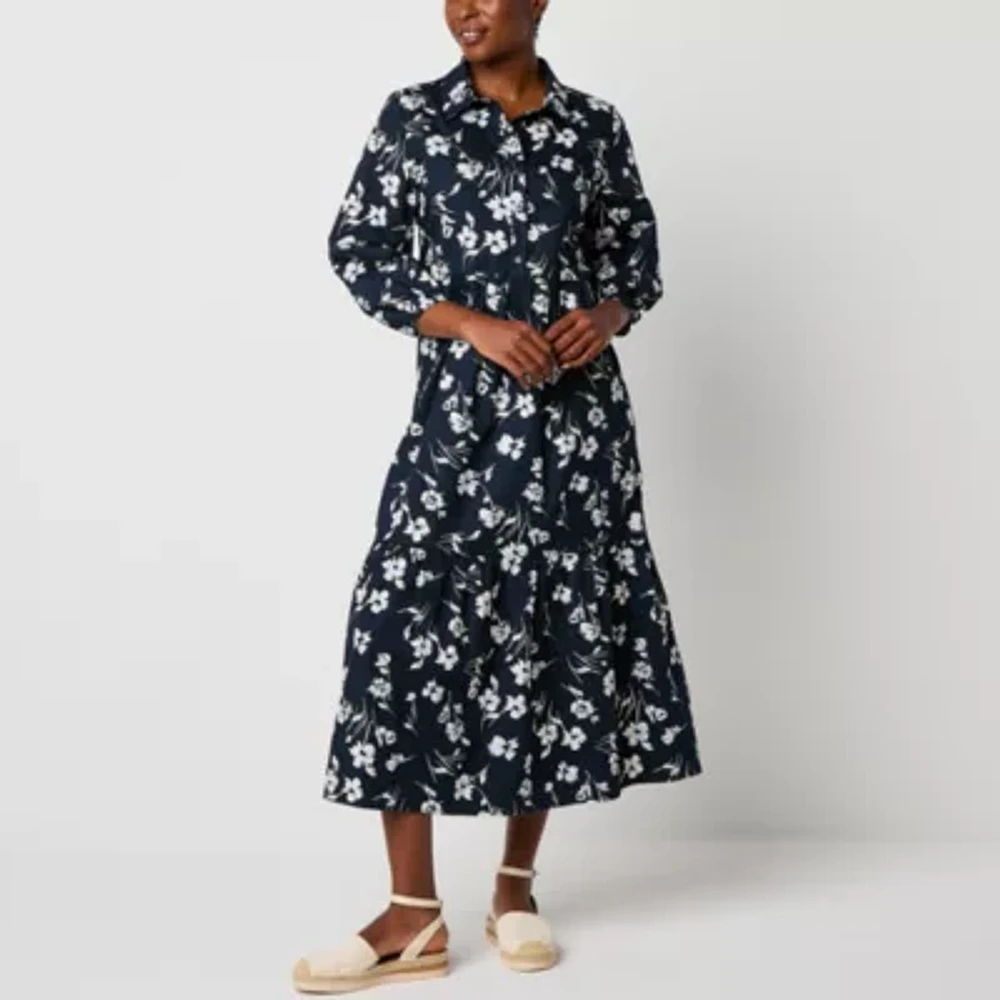 Be by CHETTA B Womens 3/4 Sleeve Midi Floral Shirt Dress