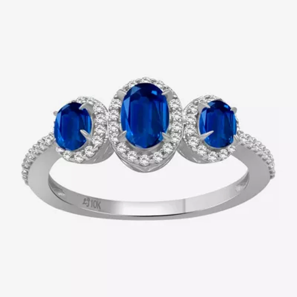 Womens Gemstone & 1/5 CT. T.W. Natural Diamond 10K Gold Oval 3-Stone Cocktail Ring