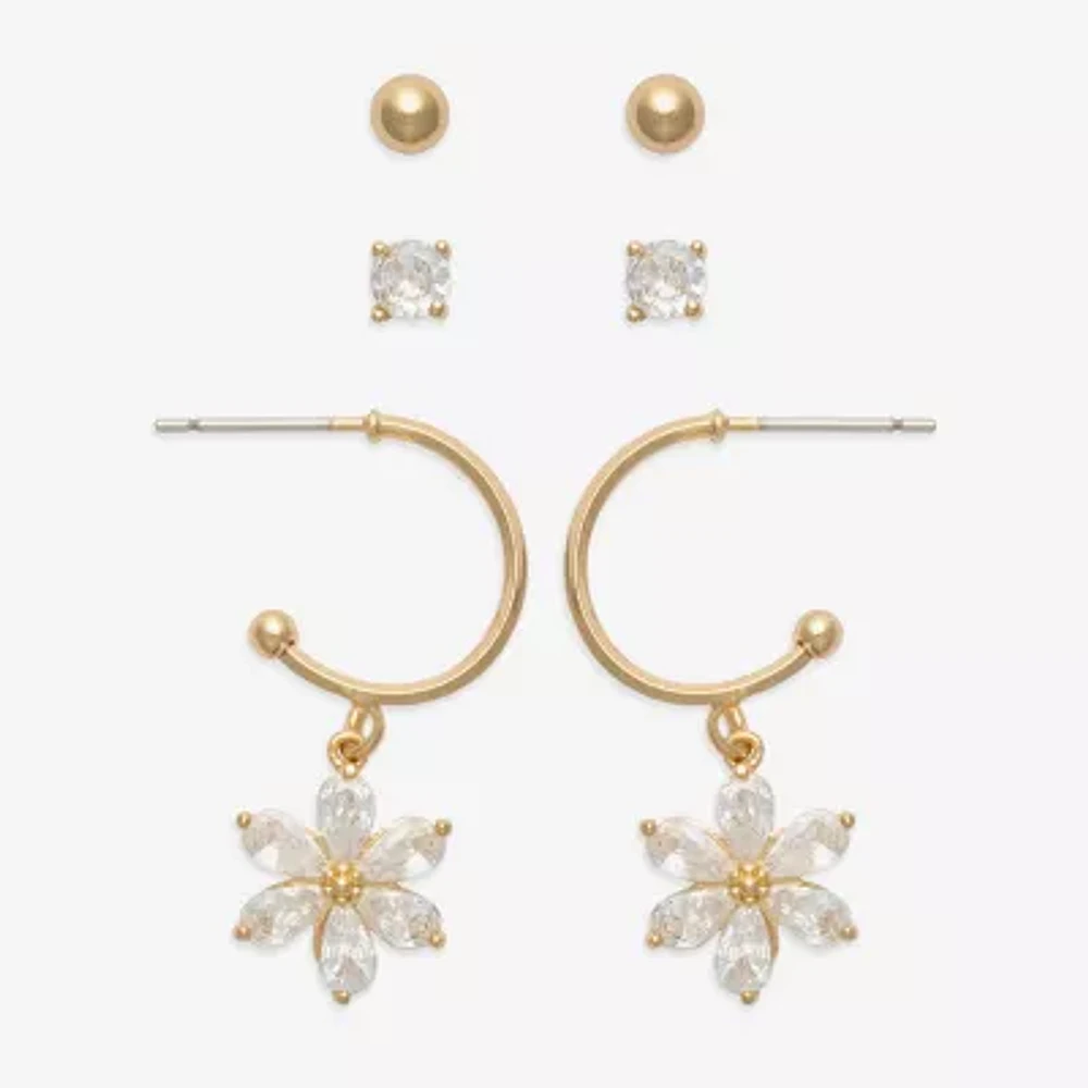 Mixit Womens Cubic Zirconia Flower 3 Pair Earring Set