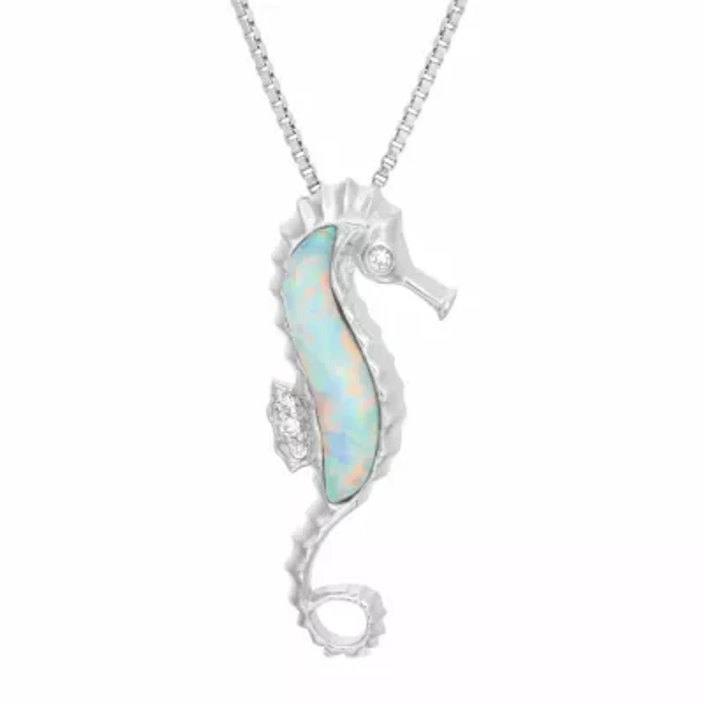 Seahorse Womens Diamond Accent Lab Created White Opal Sterling Silver 18 Inch Pendant Necklace