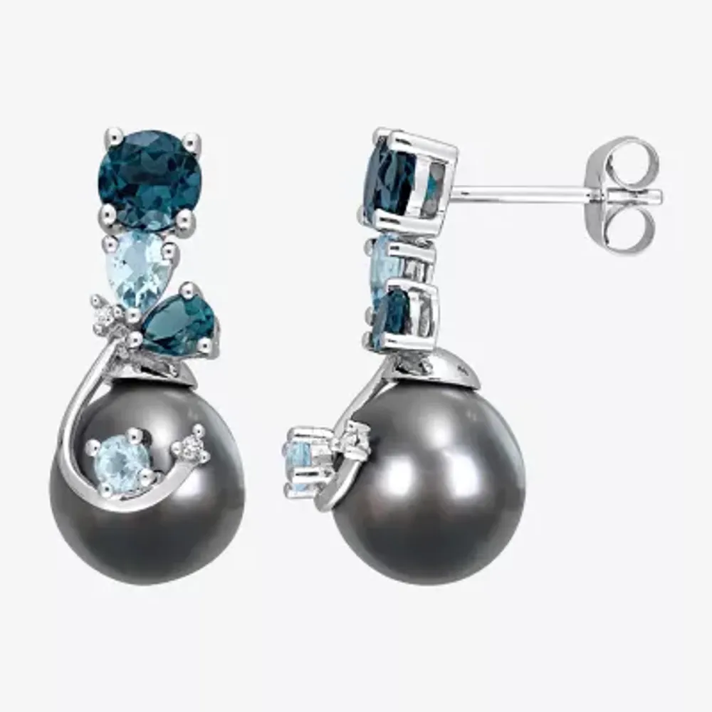 Womens Diamond Accent Black Cultured Tahitian Pearl 14K White Gold Drop Earrings