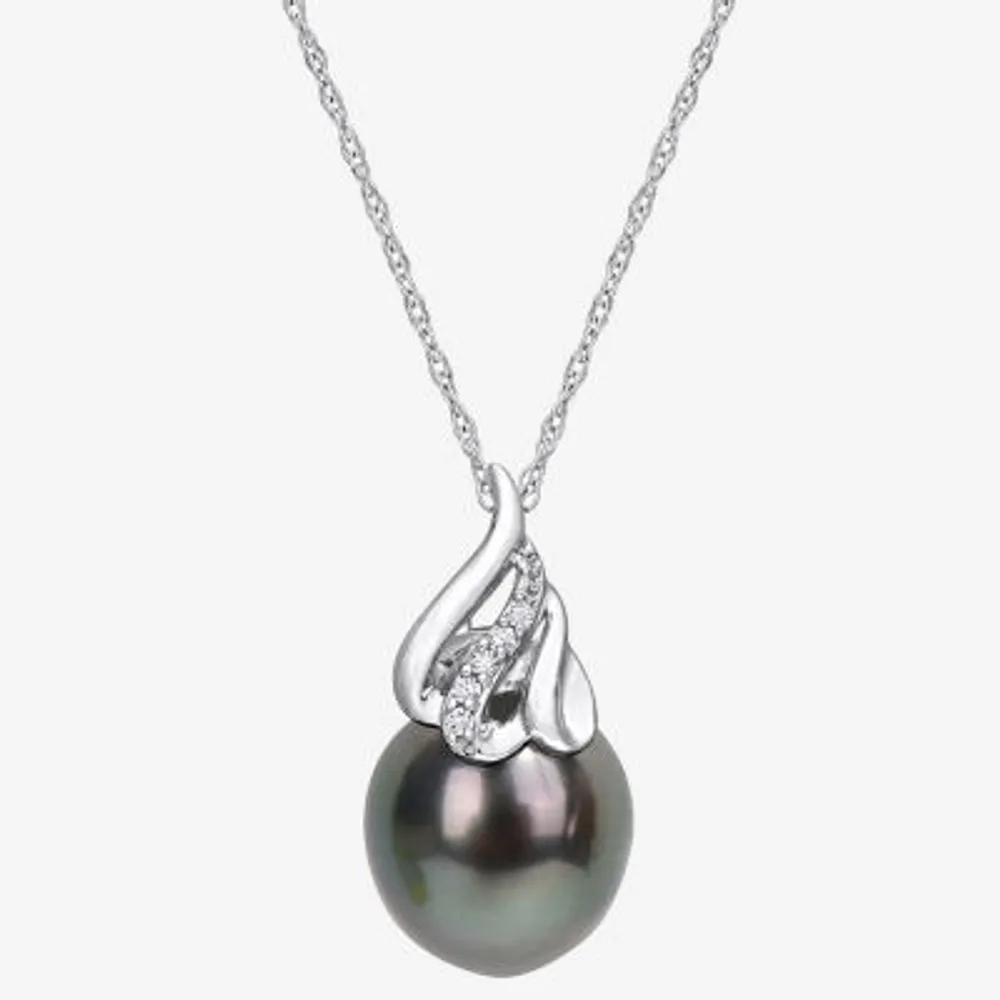 Womens Diamond Accent Black Cultured Tahitian Pearl 14K White Gold 17 Inch Pendant Necklace