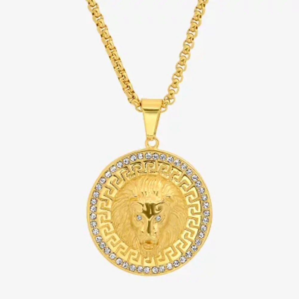 Steeltime Lion Mens Cubic Zirconia 18K Gold Over Stainless Steel Round Hypoallergenic Inch Pendant Necklace
