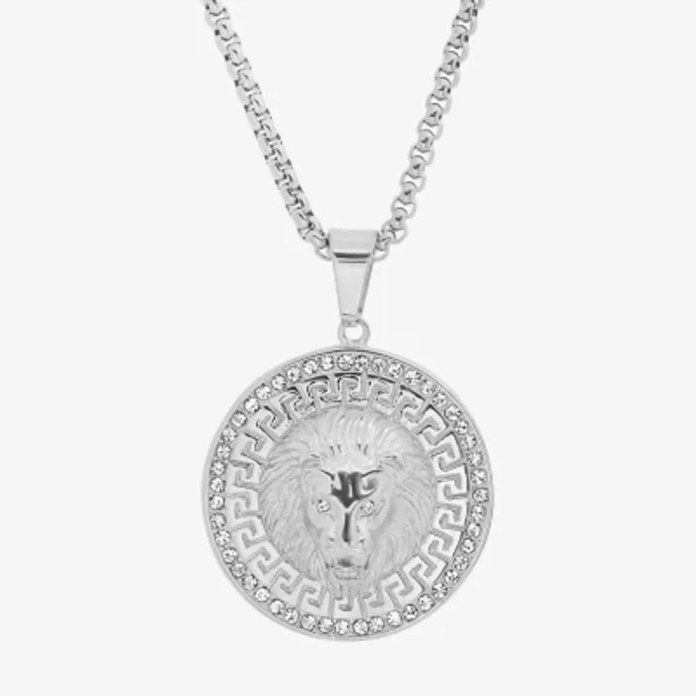 Steeltime Lion Mens Cubic Zirconia Stainless Steel Round Hypoallergenic 24 Inch Pendant Necklace