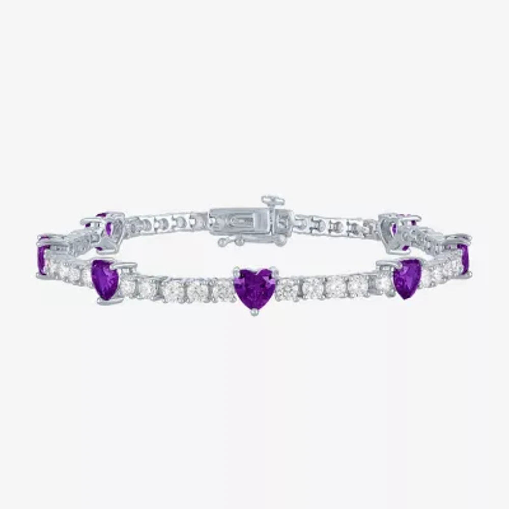 Womens Genuine Purple Amethyst Pure Silver Over Brass Heart Tennis Bracelet