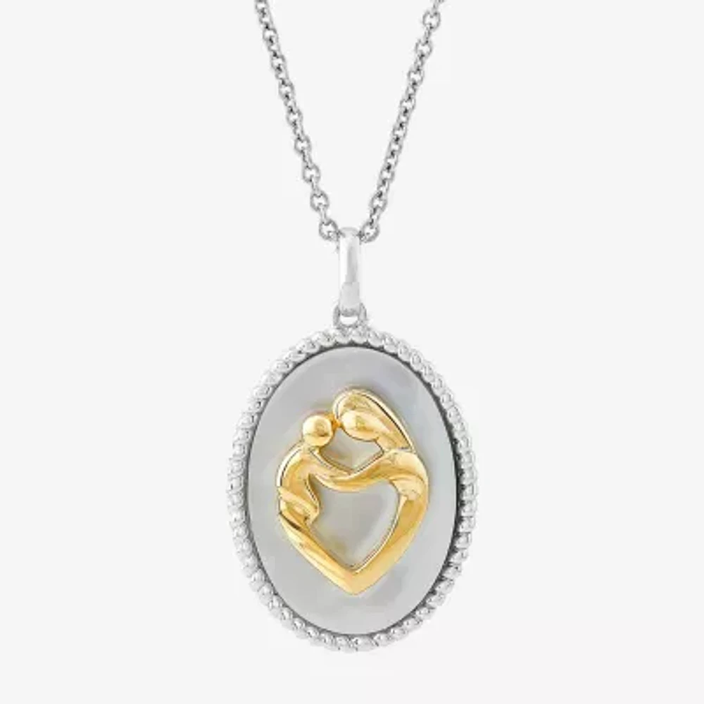 Mother And Baby Womens Genuine White Mother Of Pearl 10K Gold Sterling Silver Heart Round 18 Inch Pendant Necklace