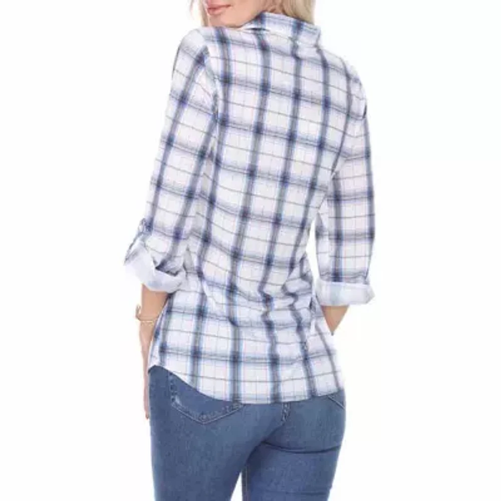 White Mark Oakley Plaid Womens 3/4 Sleeve Roll Tab Regular Fit Stretch Fabric Button-Down Shirt